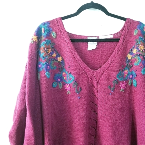 JANTZEN CLASSICS Vintage Vtg 80s Embrodiered Floral Pulliver Sweater 2x XXL - Picture 5 of 13